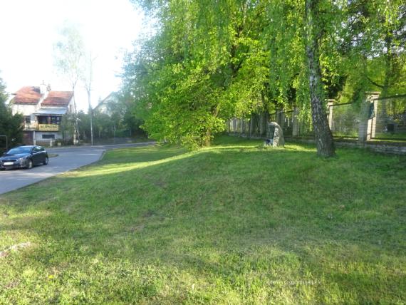 Rasenfläche am Rand eines bestehenden Friedhofs, der hinter einem Zaun rechts ist, rechts auf dem Rasen eine Birke und ein Gedenkstein, links ein Fahrzeug und im Hintergrund verläuft die Brzozowa Strasse.