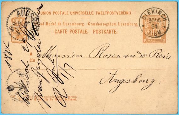 Postkarte geschäftlicher Art an " Monsieur Rosenau & Reis " in Augsburg - versandt von Diekirch in Luxemburg am 30. Juli 1884