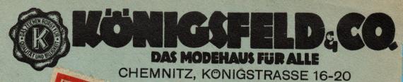 Geschäfts-Briefumschlag  " Königsfeld & Co " - Das Modehaus für Alle - Chemnitz, Königstraße 16-20 - versandt am 5, Februar 1938 - Ausschnittvergrößerung Geschäftsadresse