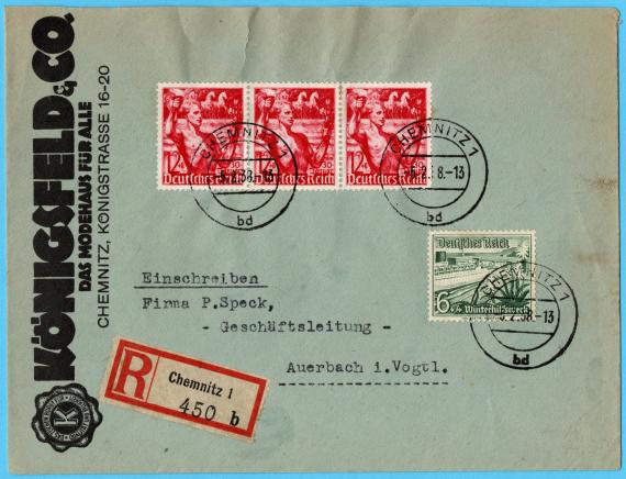 Briefumschlag - Königsfeld & Co Business envelope " Königsfeld & Co " - Das Modehaus für Alle - Chemnitz, Königstraße 16-20 - mailed on February 5, 1938