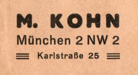 Firmenbriefumschlag von " Moritz Kohn, München 2 NW 2, Karlstraße 25 - versandt am 27. Mai 1937 - Ausschnittvergrößerung Geschäftsadresse