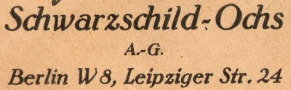 Firmen-Briefumschlag der " Schwarzschild-Ochs A.-G., Berlin W 8, Leipziger Straße 24 - versandt am 19. März 1931 nach Stockholm - Ausschnittvergrößerung Geschäftsadresse