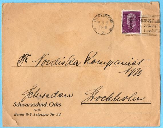 Company envelope of " Schwarzschild-Ochs A.-G.", Berlin W 8, Leipziger Straße 24 - sent to Stockholm on March 19, 1931