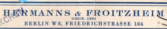 Paketaufkleber von " Hermanns & Froitzheim " in Berlin W 8, Friedrichstraße 184 - verwendet ( versandt als Päckchen ) am 14. Dezember 1936  - Ausschnittvergrößerung Geschäftsadresse