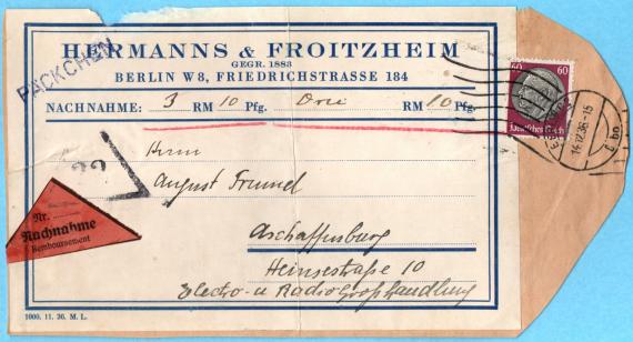 Paketaufkleber von " Hermanns & Froitzheim " in Berlin W 8, Friedrichstraße 184 - verwendet ( versandt als Päckchen ) am 14. Dezember 1936 