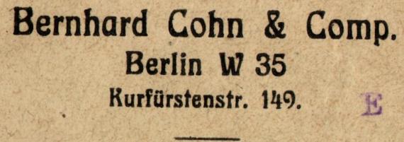 Firmen-Briefumschlag der Getreidekommission-und Agentur Bernhard Cohn & Comp. in Berlin W 35, Kurfürstenstraße 149 - versandt am 2. Juli 1924 - Ausschnittvergrößerung Geschäftsadresse