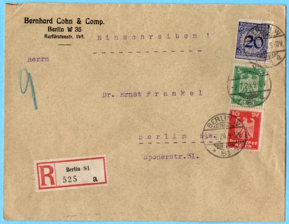 Firmen-Briefumschlag der Getreidekommission-und Agentur Bernhard Cohn & Comp. in Berlin W 35, Kurfürstenstraße 149 - versandt am 2. Juli 1924 