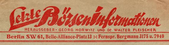 Geschäfts-Briefumschlag - Letzte Börseninformationen - Georg Horwitz und Dr. Walter Fleischer Business envelope - Last stock exchange information, published by Georg Horwitz and Dr. Walter Fleischer, Berlin SW 61, Belle-Alliance-Platz 13 - mailed September 6, 1933 - clipping enlargement - business address