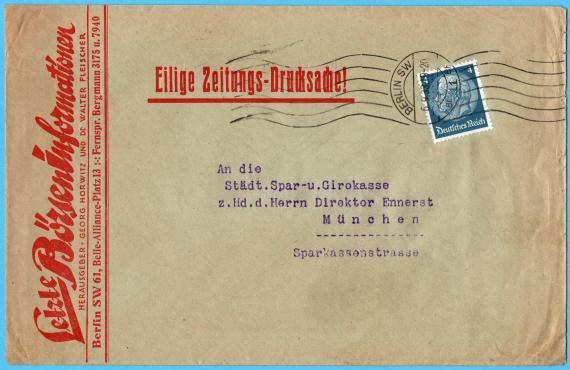 Business envelope - Last Stock Exchange Information, published by Georg Horwitz and Dr. Walter Fleischer, Berlin SW 61, Belle-Alliance-Platz 13 - mailed September 6, 1933.