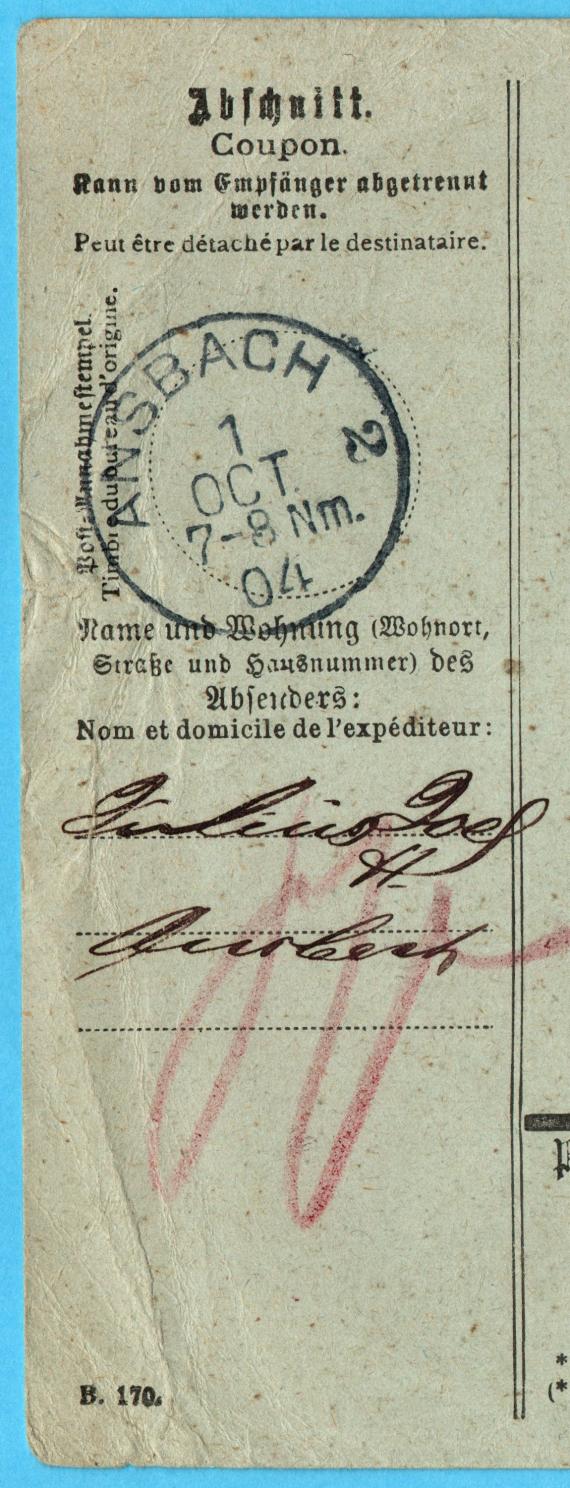 Parcel card from Julius Joel in Ansbach, - mailed October 1, 1904 from Ansbach to Mr. Leon Joel in Zurich - detail enlargement receipt section.