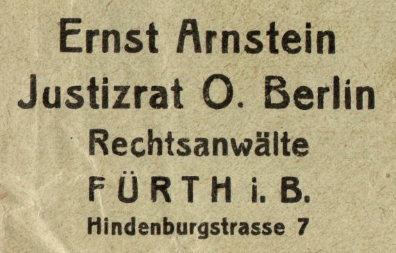 Geschäfts-Briefumschlag - Ernst Arnstein - Justizratrat O. Berlin, Rechtsanwälte, Fürth i. B. Hindenburgstraße 7 - versandt am 15. Januar 1932 - Ausschnittvergrößerung - Geschäftsadresse