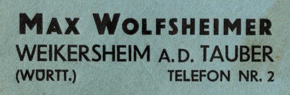 Business envelope from " Max Wolfsheimer, Weikersheim a.d. Tauber " - mailed May 26, 1932 - detail enlargement business address