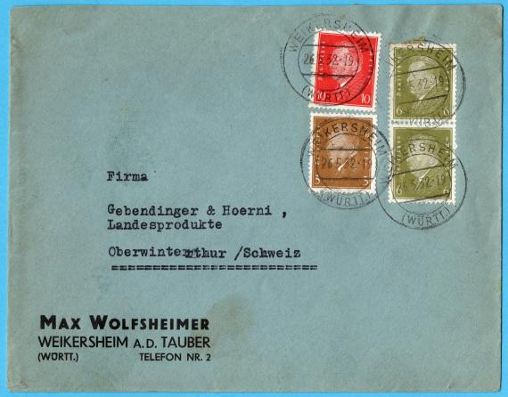 Geschäfts-Briefumschlag von " Max Wolfsheimer,  Weikersheim a.d. Tauber " - versandt am 26. Mai 1932  