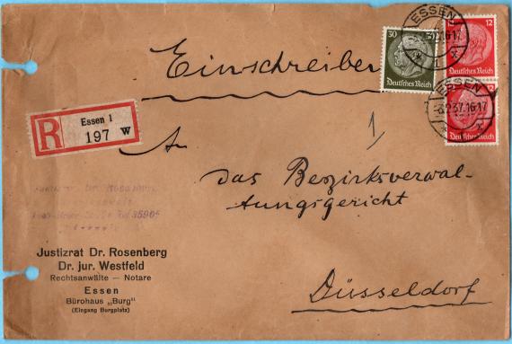 Business envelope of " Rechtsanwälte - Notare - Justizrat Dr. Rosenberg - Dr. jur. Westfeld " in Essen, office building "Burg" (entrance Burgplatz) - mailed on February 3, 1937