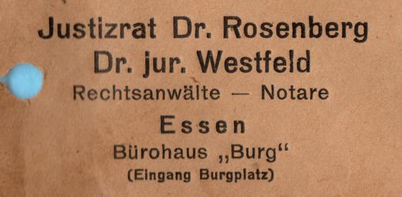 Geschäfts-Briefumschlag der " Rechtsanwälte - Notare - Justizrat Dr. Rosenberg  -  Dr. jur. Westfeld " in Essen, Bürohaus "Burg" (Eingang Burgplatz)  - versandt am 3. Februar 1937  -  Ausschnittvergrößerung Kanzlei-Adresse