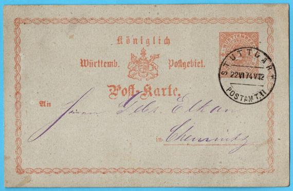 Postkarte geschäftlicher Art an " Gebrüder Elkan " in Chemnitz - versandt am 22. Juni 1874 