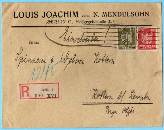 Geschäfts-Briefumschlag "  Louis Joachim vorm. N. Mendelsohn " , Berlin C., Heligegeiststraße 35 - versandt am 25. August 1926  