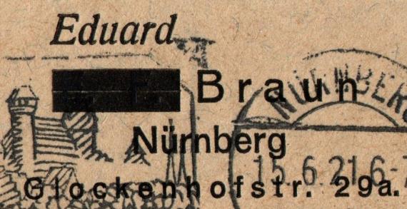 Briefumschlag " Eduard Braun, Nürnberg, Glockenhofstraße 29a " - versandt am 15. Juni 1921  -  Ausschnittvergrößerung Absender-Adresse