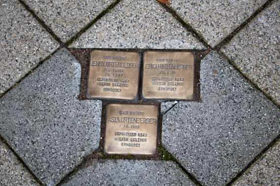 Zu sehen sind 3 kürzlich gereinigte Stolpersteine in quadratischem Betonpflaster (45° verlegt). Oben die Steine von Jenny und Erich Ortenberger, mittig darunter der von Asta Ortenberger. 