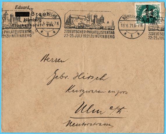 Briefumschlag an die " Herren Gebrüder Hirsch, Kurzwaren en gros ", Neutorstraße in Ulm, - versandt am 15. Juni 1921