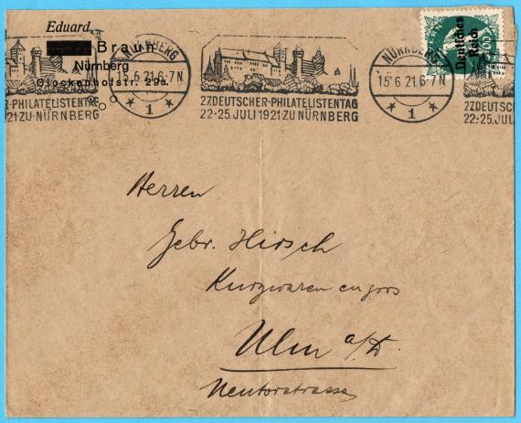 Envelope " Eduard Braun, Nuremberg, Glockenhofstraße 29a " - mailed June 15, 1921