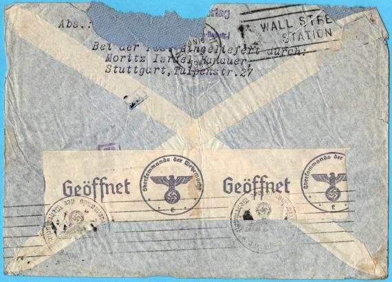 Envelope (censored mail) from " Moritz Israel Hanauer ", Stuttgart, Tulpenstraße 27 - mailed December 24, 1940 to Dr. Arthur Lehmann, 30 Pine Street, New York, USA - envelope - reverse side