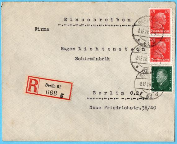 Briefumschlag - Eugen Lichtenstein Briefumschlag - Einschreiben an " Firma Eugen Lichtenstein, Schirmfabrik " Berlin, C.2., Neue Friedrichstraße 38/40 - versandt am 8. Dezember 1928