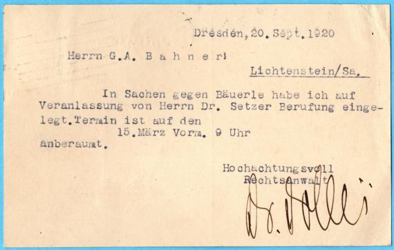 Postkarte beruflicher Art von " Dr. Hugo Jolles, Rechtsanwalt beim Oberlandesgericht, Dresden, Johann Georgen-Allee 37 " - versandt am 20. September 1920 - Kartenrückseite