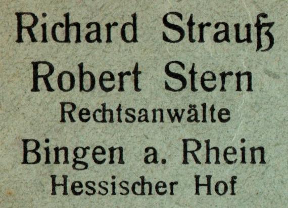 Geschäftsbriefumschlag von " Richard Strauß - Robert Stern, Rechtsanwälte, Bingen a. Rhein, Hesischer Hof " - versandt am 11. Mai 1928  - Ausschnittvergrößerung 1928