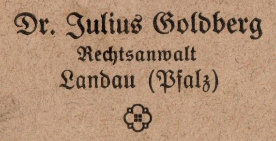 Geschäftsbriefumschlag von " Dr. Julius Goldberg, Rechtsanwalt, Landau (Pfalz) ", - versandt am 9. Februar 1922  - Ausschnittvergrößerung Geschäftname