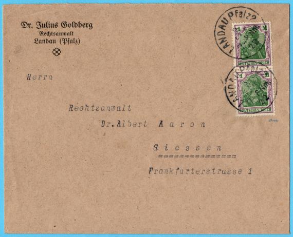 Briefumschlag an Herrn " Rechtsanwalt Dr. Albert Aaron ", Giessen, Frankfurterstrasse 1, - versandt am 9. Februar 1922 