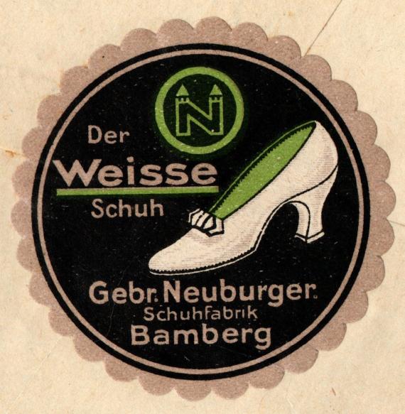 Geschäftsbriefumschlag " Gebrüder Neuburger A.G. - Schuhfabrik - Bamberg ", - versandt am 23. Februar 1927  - Briefumschlag-Rückseite - Ausschnittvergrößerung Firmenvignette