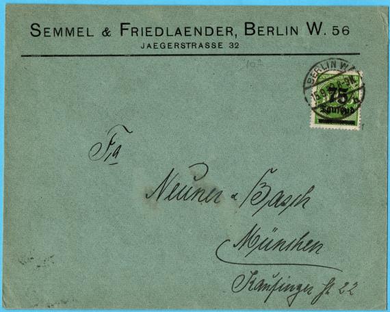 Envelope " Semmel & Friedlaender ", Berlin W. 56, Jägerstraße 32 - mailed on September 15, 1923