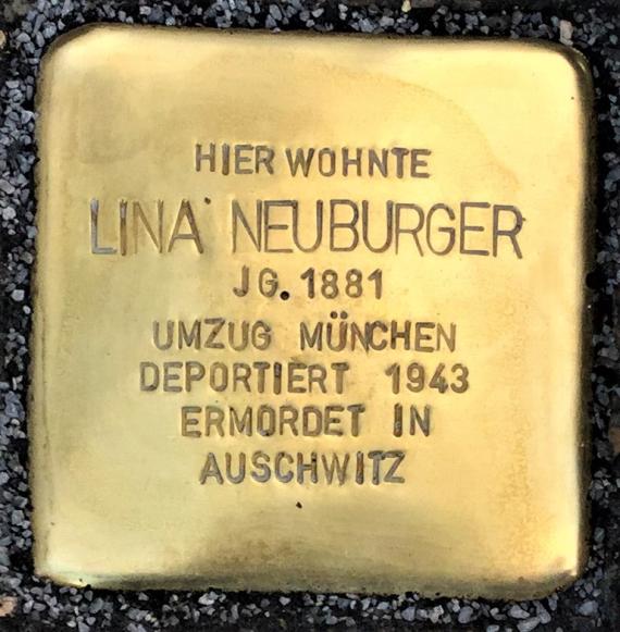 Stumbling stone for Lina Neuburger, - laid in front of her birthplace in Lauchheim, Hauptstraße 44