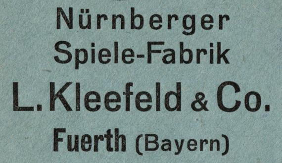 Geschäftsbriefumschlag der " Nürnberger Spielefabrik L. Kleefeld & Co.", Fürth ( Bayern). - versandt am 15. September 1927 - Ausschnittvergrößerung Firmenanschrift