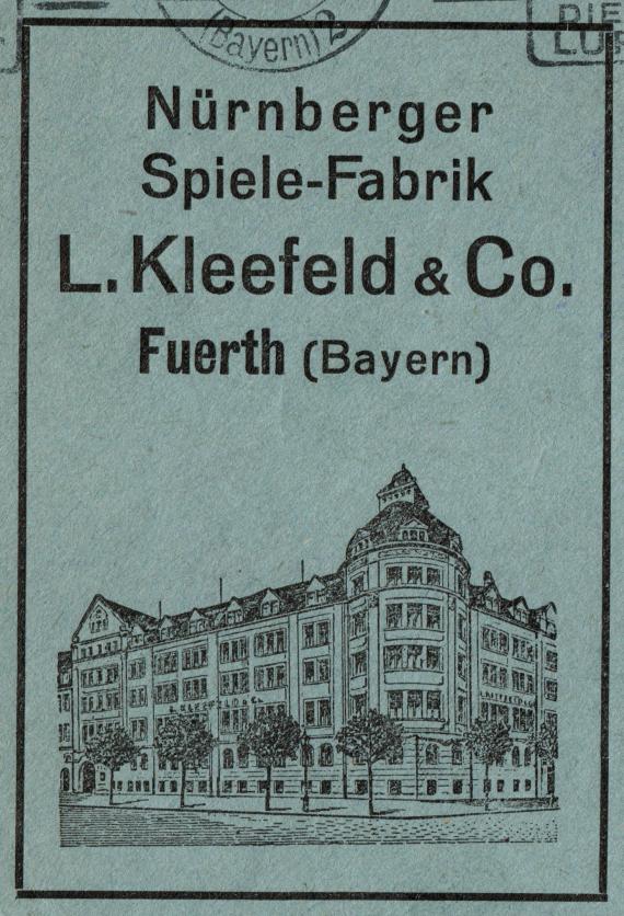 Geschäftsbriefumschlag der " Nürnberger Spielefabrik L. Kleefeld & Co.", Fürth ( Bayern). - versandt am 15. September 1927 - Ausschnittvergrößerung Geschäftsnamen mit Firmenansicht