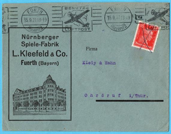 Geschäftsbriefumschlag der " Nürnberger Spielefabrik L. Kleefeld & Co.", Fürth ( Bayern). - versandt am 15. September 1927