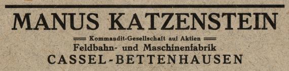 Geschäfts-Briefumschlag " Manus Katzenstein, - Kommanditgesellschaft auf Aktien - Feldbahn- und Maschinenfabrik, Kassel-Bettenhausen " - versandt am 20. November 1923  -  Ausschnittvergrößerung Firmenadresse