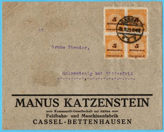 Geschäfts-Briefumschlag " Manus Katzenstein, - Kommanditgesellschaft auf Aktien - Feldbahn- und Maschinenfabrik, Kassel-Bettenhausen " - versandt am 20. November 1923 