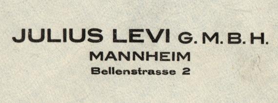 Geschäftsbriefumschlag " Julius Levi G.m.b.H. " - Mannheim, Bellenstraße 2 - versandt am 26. November 1926 - Auschnittvergrößerung Firmenadresse