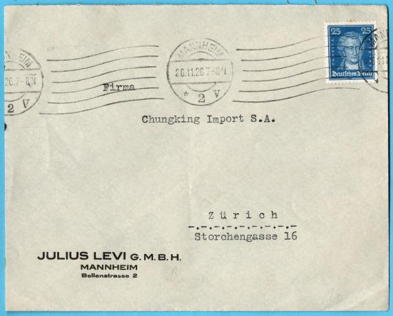 Geschäftsbriefumschlag " Julius Levi G.m.b.H. " - Mannheim, Bellenstraße 2 - versandt am 26. November 1926