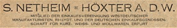 Geschäftsbriefumschlag von " S. Netheim " - Höxter a.d.W., - versandt am 7.Juli 1923 - Ausschnittvergrößerung Geschäftsnamen