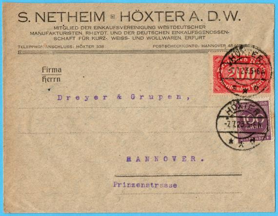 Geschäftsbriefumschlag von " S. Netheim " - Höxter a.d.W., - versandt am 7.Juli 1923