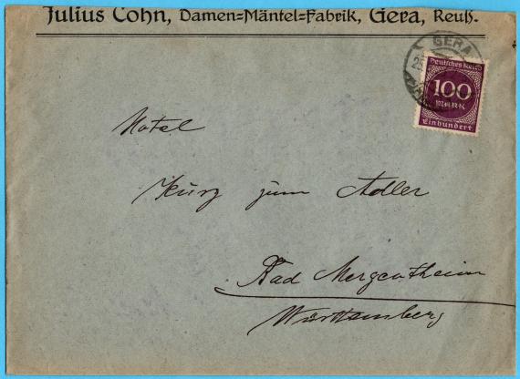 Briefumschlag - Julius Cohn Geschäftsbriefumschlag " Julius Cohn, Damen-Mäntel-Fabrik, Gera " - versandt am 25. August 1923