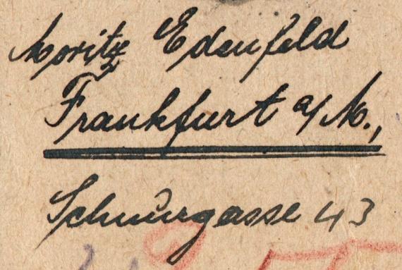 Paketkarte von " Moritz Edenfeld, Frankfurt a. M., Schnurgasse 43 " - versandt am 2. Juni 1924  -  Ausschnittvergrößerung Absenderadresse