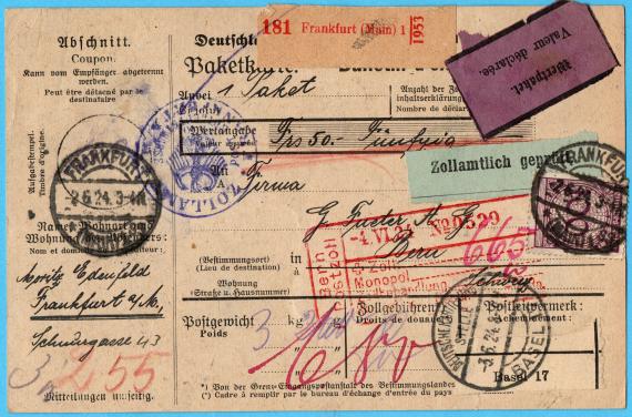 Parcel card from " Moritz Edenfeld, Frankfurt a. M., Schnurgasse 43 " - mailed June 2, 1924