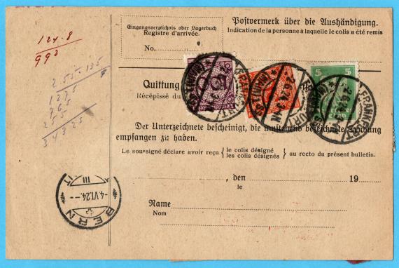 Paketkarte von " Moritz Edenfeld, Frankfurt a. M., Schnurgasse 43 " - versandt am 2. Juni 1924  - Paketkarte - Rückseite