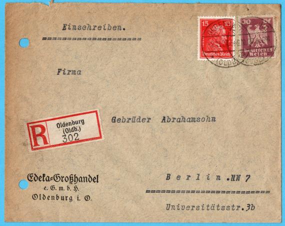 Envelope addressed to " Firma Gebrüder Abrahamsohn ", Berlin. NW 7, Universitätsstraße 3b - mailed on November 2, 1927.