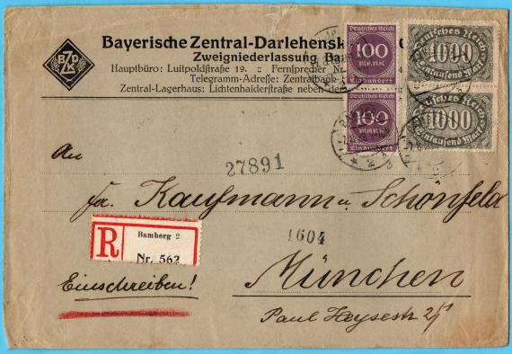 Envelope addressed to " Fa. Kaufmann & Schönfeld ", Munich, Paul Heysestraße 2/1 - mailed on August 7, 1923