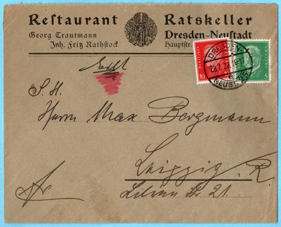 Briefumschlag an S. H. Herrn " Max Bergmann ", Leipzig, Lilienstraße 21 - versandt am 28. Juli 1929